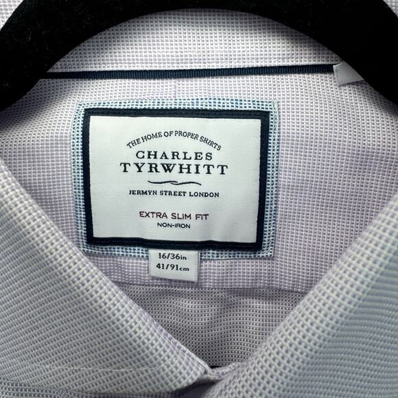 Charles Tyrwhitt Extra Slim Fit Non Iron Purple Dress Button Up Shirt Size 16/36 - Picture 2 of 5